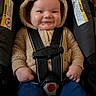 Elijah joined the competition — help win amazing prizes! baby, child, car_seat, smile, hoodie, blue_pants, straps, cute, infant, indoor, seatbelt, clothing, person, happy, face, sitting, young_child, cozy, plush, wearing