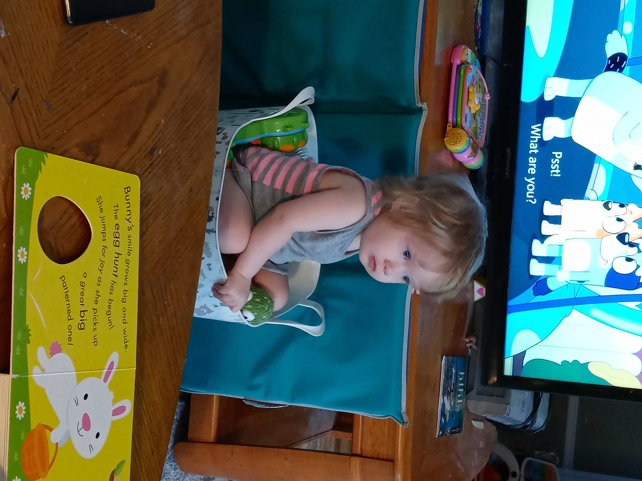 Lily is registered to the contest to win money with this photo: baby, baby_toddler_clothing, baby_toys, child, display_device, fun, games, green, happy, person, play, product, recreation, room, t_shirt, television, toddler, visual_arts, wood