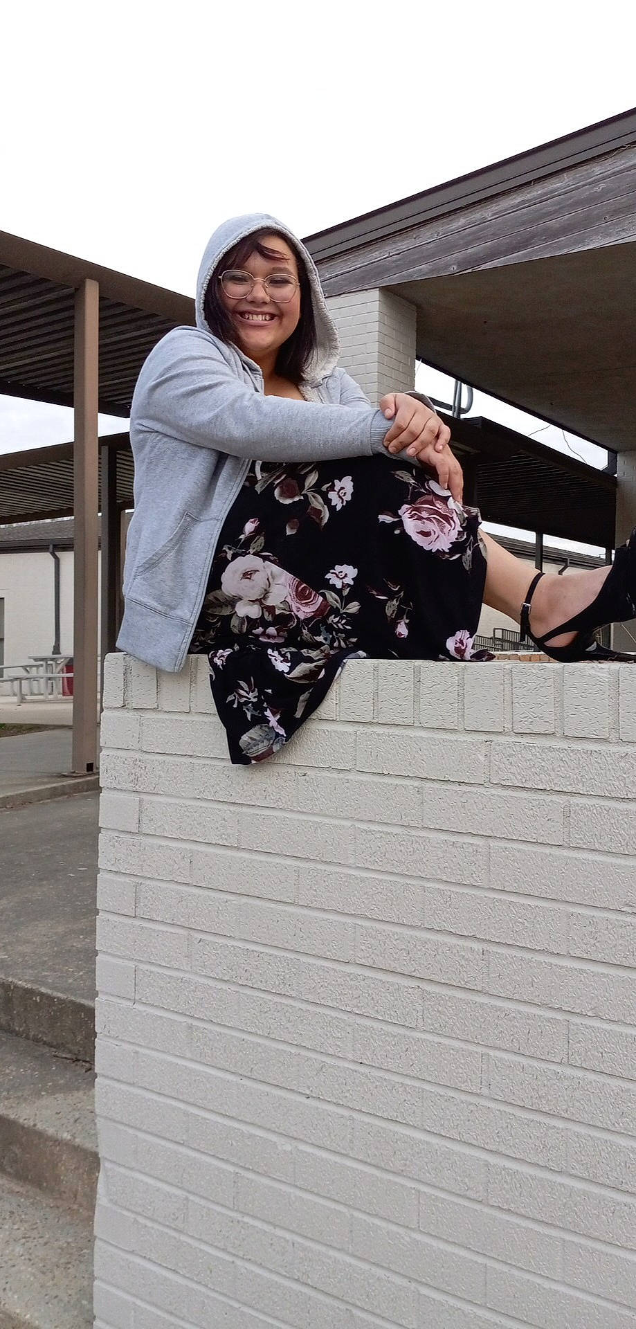 Shyanne joined the competition — help win amazing prizes! cool, fashion_accessory, fashion_design, flash_photography, fun, human_leg, joy, knee, leisure, magenta, pattern, person, recreation, sitting, sleeve, smile, stairs, t_shirt, thigh, travel