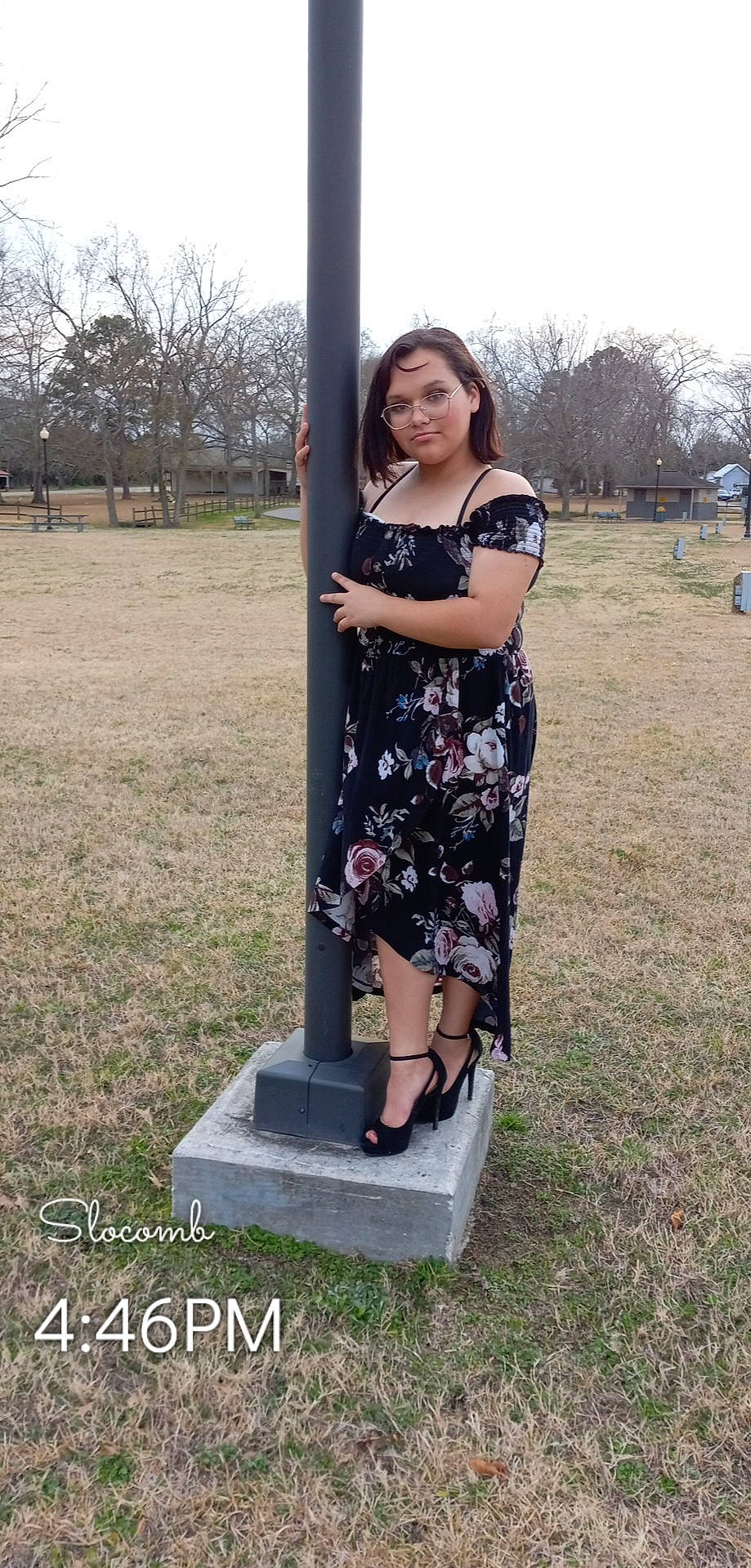 Shyanne joined the competition — help win amazing prizes! day_dress, eyewear, fashion_design, formal_wear, fun, grass, hairstyle, human_leg, magenta, pattern, person, plant, recreation, sky, smile, soil, thigh, tree, trunk, vintage_clothing