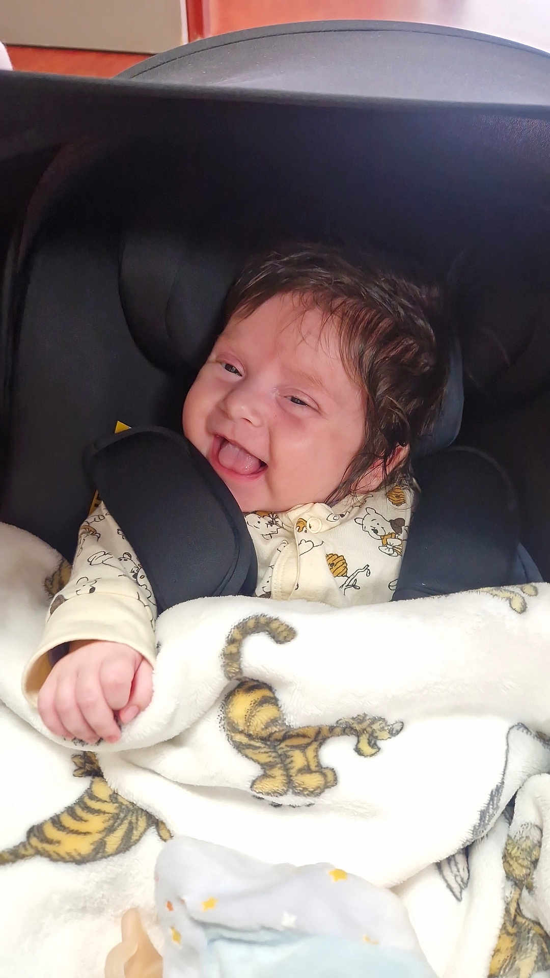 Tiana participe au concours pour gagner de l'argent avec cette photo : baby, smiling, happy, car_seat, blanket, tiger_print, infant, child, cute, clothing, indoors, portrait, face, hair, hand, cozy, seatbelt, baby_toy, pacifier, comfort