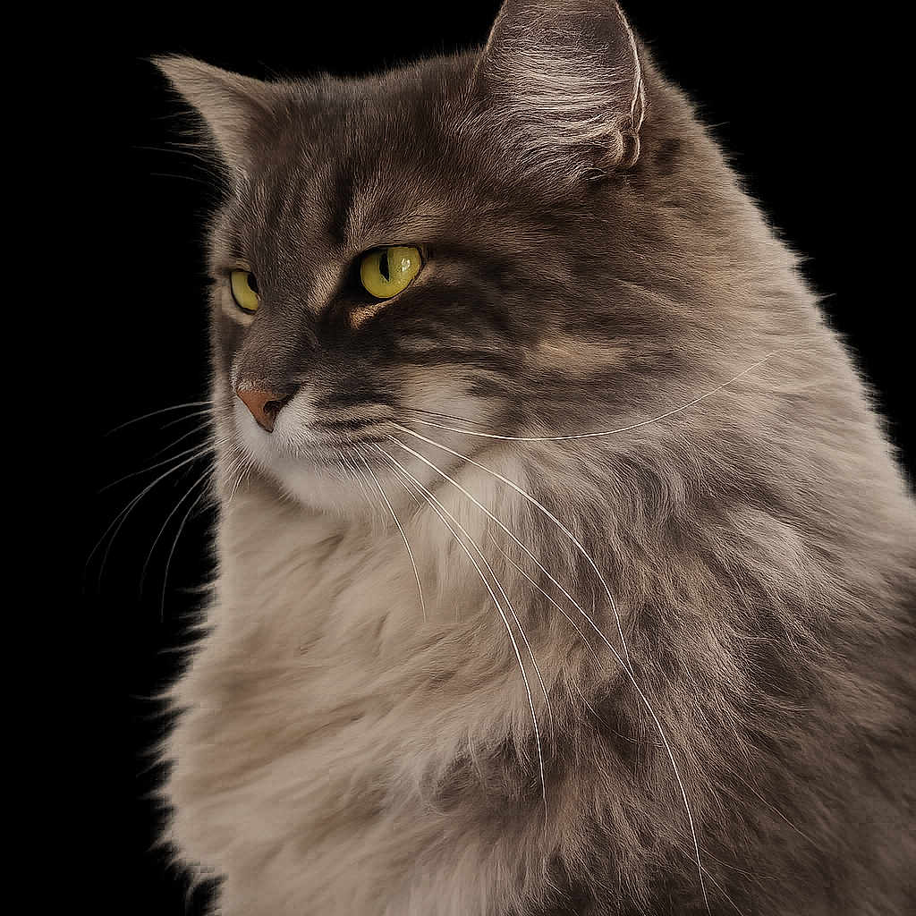 Lili a rejoint le concours — aidez-le/la à gagner de superbes lots ! cat, longhaired_cat, fluffy, portrait, pet, feline, gray_fur, green_eyes, whiskers, ears, animal, closeup, studio_lighting, black_background, sitting, profile, cute, elegant, named_pet, text_overlay