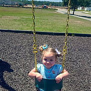 Zoelle joined the competition — help win amazing prizes! toddler, child, swing, playground, outdoor, sunny, grass, blue_sky, chains, smiling, pigtails, shoes, summer, daytime, park, happy, young_girl, play, casual_clothing, recreation