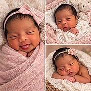 Jaelani joined the competition — help win amazing prizes! newborn, baby, infant, child, portrait, sleeping, smiling, face, headband, bow, floral_headband, pink_blanket, swaddle, plush_toy, bunny, basket, nursery, studio_photography, close_up, collage