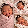 newborn, baby, infant, child, portrait, sleeping, smiling, face, headband, bow, floral_headband, pink_blanket, swaddle, plush_toy, bunny, basket, nursery, studio_photography, close_up, collage