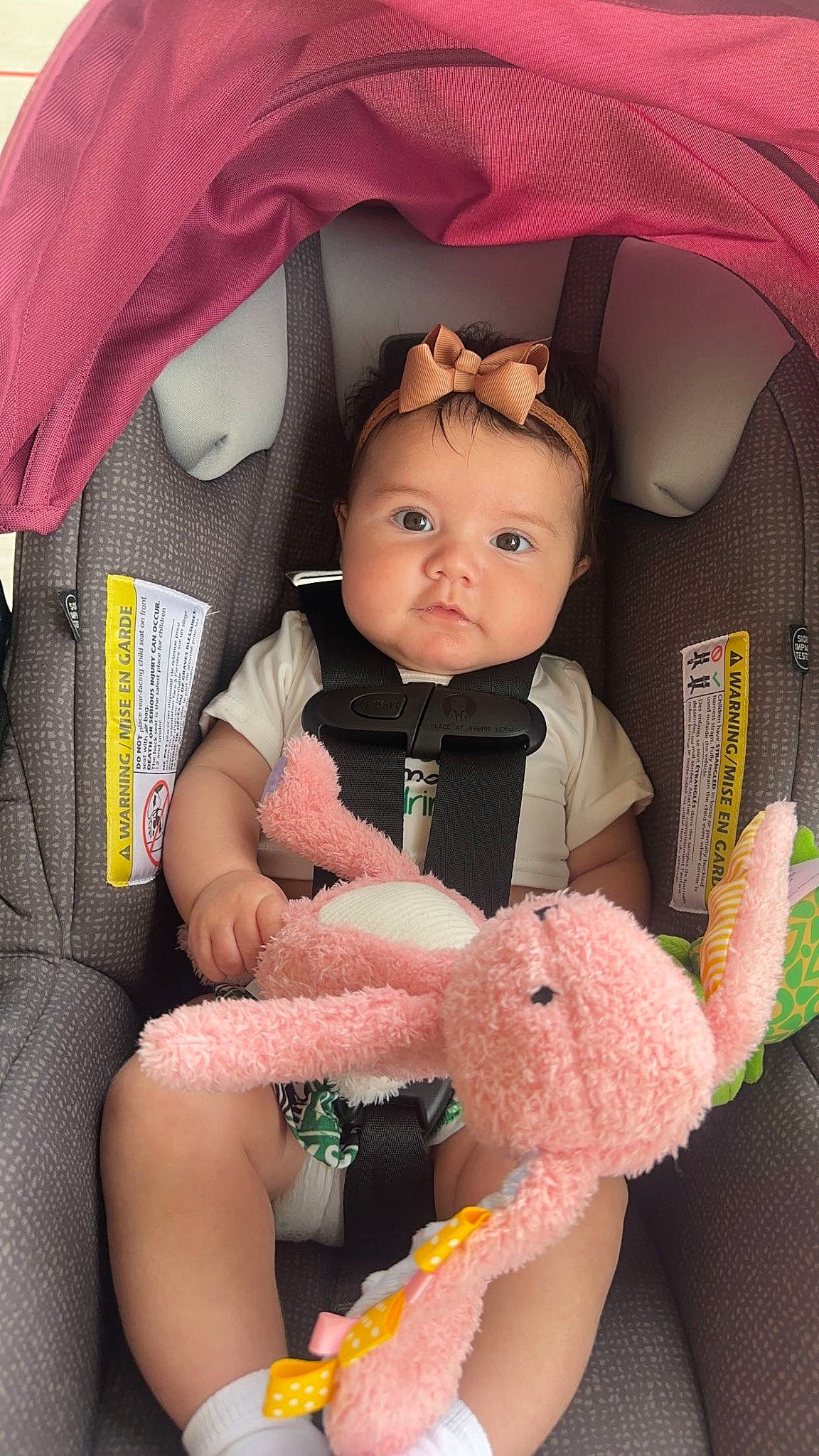 Joey joined the competition — help win amazing prizes! baby, baby_carriage, baby_products, baby_safety, baby_toddler_clothing, cheek, child, comfort, doll, finger, hand, person, pink, seat_belt, sitting, skin, sleeve, textile, thumb, toddler