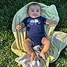 baby, infant, grass, blanket, onesie, smile, happy, outdoor, child, person, head, feet, hand, nature, sunlight, toddler, clothing, texture, relaxation, playtime