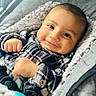 Nathan is registered to the contest to win money with this photo: baby, infant, smile, plaid_shirt, blanket, cozy, cute, child, portrait, face, happy, small_hands, indoors, warm, soft_texture, closeup, young_child, person, head, eyes