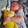 baby, bed, blanket, child, comfort, cozy, cute, dinosaur, face, hand, indoors, infant, nap, pajamas, peaceful, plush_toy, resting, sleeping, soft, yellow