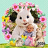 2026, baby, celebration, child, costume, cute, easter_bunny, easter_eggs, festive, flower_wreath, green_background, holiday_photo, illustrated_bunnies, mascot, outdoor, polka_dots, portrait, ribbons, smiling_baby, spring
