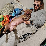 Zeus is registered to the contest to win money with this photo: man, dog, bed, blanket, pillow, plush_toy, stitch, glasses, beard, casual_clothing, lounge, indoor, relaxation, pet, animal, sleepwear, watch, hand, face, rest