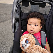 Kingston joined the competition — help win amazing prizes! toddler, child, stroller, plush_toy, sloth, curly_hair, red_shirt, seatbelt, outdoor, pavement, expression, face, hand, toy, wheel, mesh_canopy, cute, young_child, person, baby