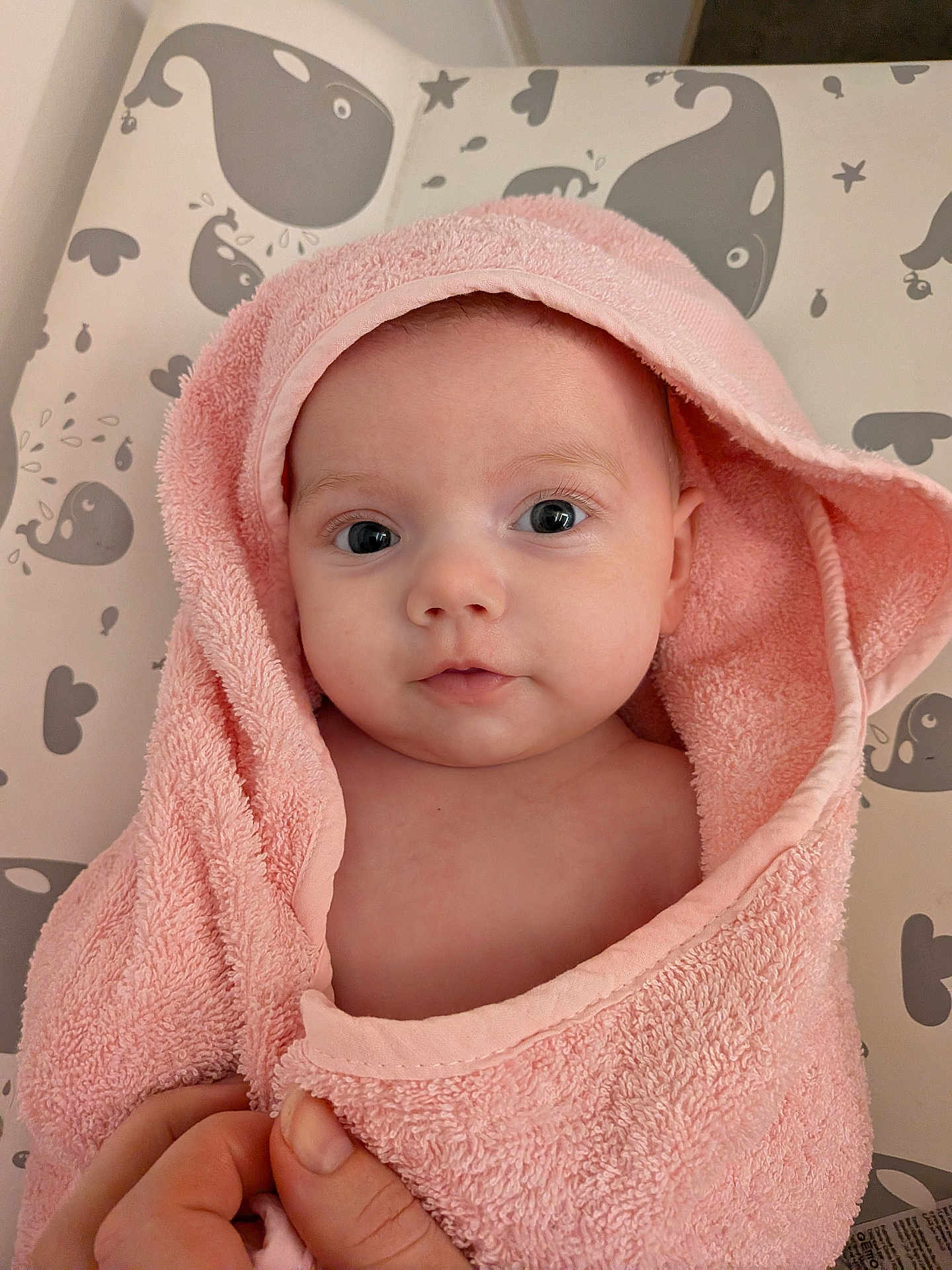 Lola a rejoint le concours — aidez-le/la à gagner de superbes lots ! baby, infant, towel, pink, hood, face, eyes, hand, skin, cute, child, person, bath, bathroom, pattern, whale, background, soft, warm, portrait