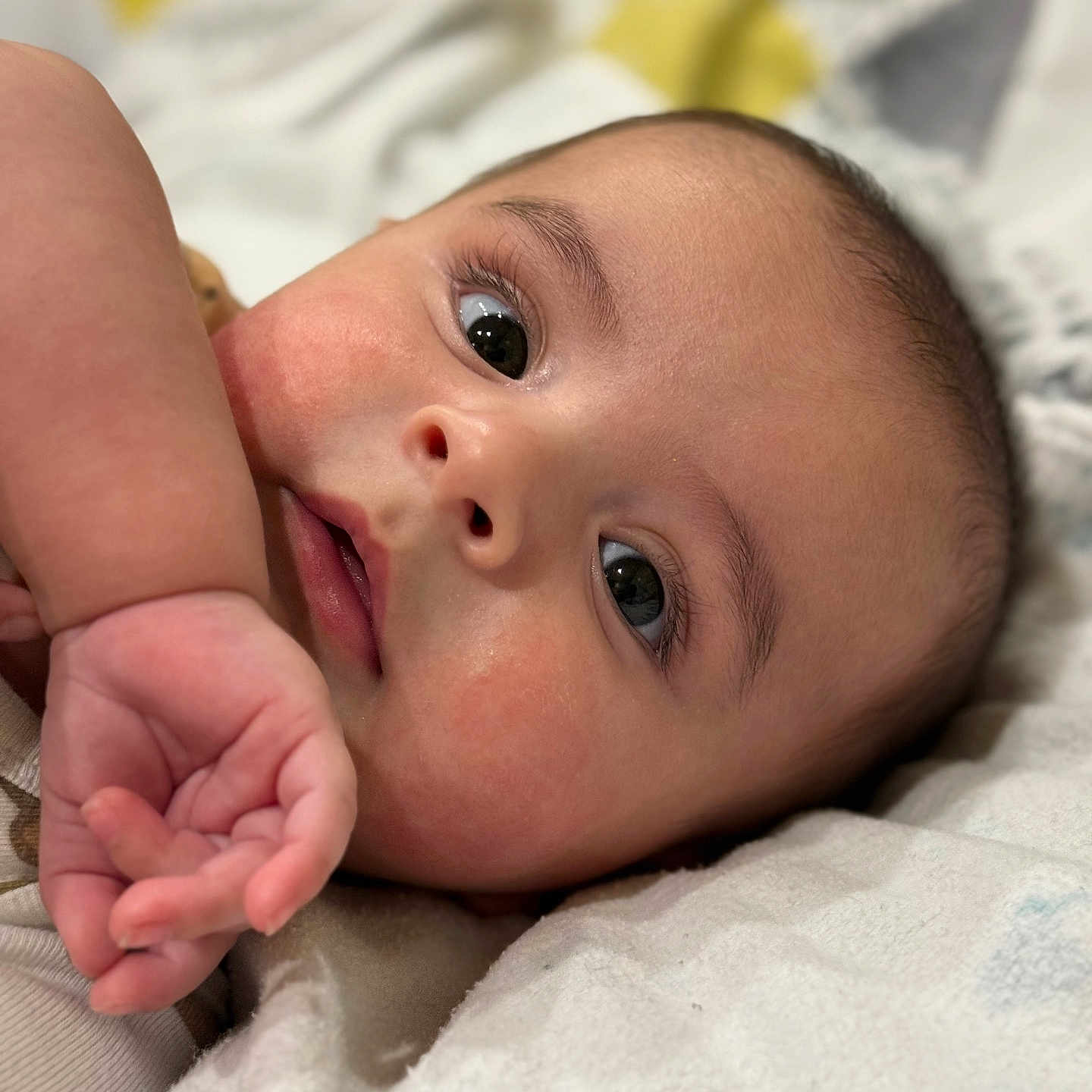 Mustafo is registered to the contest to win money with this photo: baby, blanket, child, close_up, cute, expression, eyes, face, hand, indoors, infant, lying_down, newborn, peaceful, person, portrait, resting, skin, sleepwear, soft