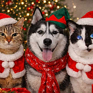 Umy a rejoint le concours — aidez-le/la à gagner de superbes lots ! cat, dog, husky, tabby_cat, blue_eyes, christmas, santa_hat, elf_hat, festive, holiday, christmas_tree, red_scarf, pet, animal, portrait, three_animals, indoor, sparkles, winter, funny