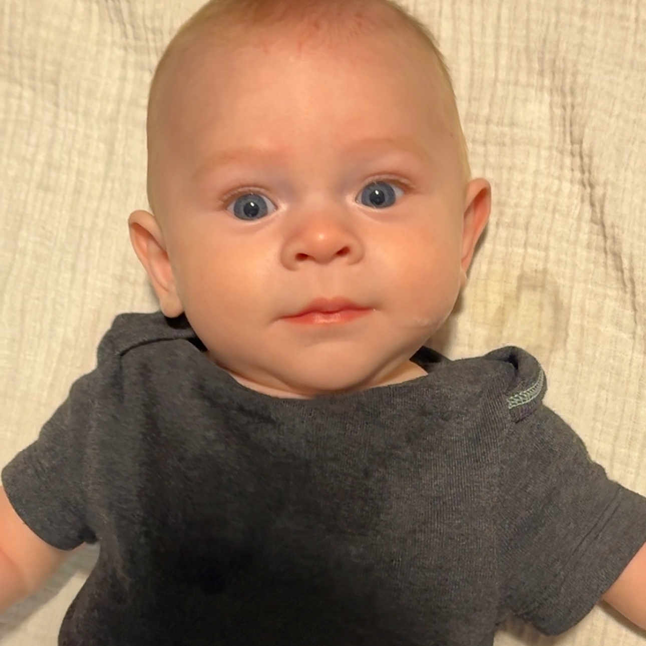 Andrew Mason joined the competition — help win amazing prizes! adorable, baby, blanket, blue_eyes, child, clothing, cute, expression, face, head, human, indoor, infant, lying_down, person, portrait, skin, small, tshirt, young