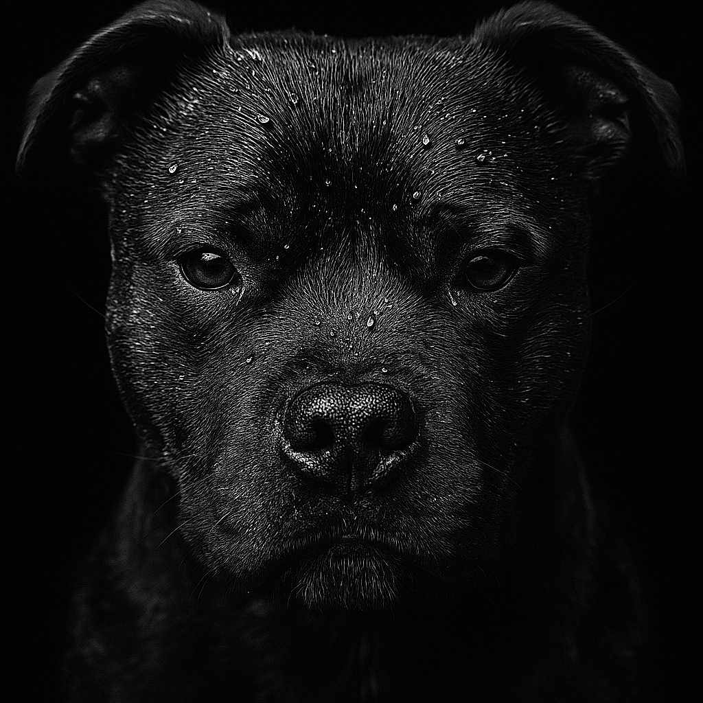 Taïko a rejoint le concours — aidez-le/la à gagner de superbes lots ! animal, black, canine, closeup, dark_background, detailed, dog, ears, expression, eyes, face, fur, intense, monochrome, nose, pet, portrait, studio, water_droplets, wet