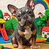 animal, background, childlike, colorful, cute, decor, dog, figurine, french_bulldog, greenery, house, indoors, model, pet, playground, puppy, rainbow, sculpture, slide, toy