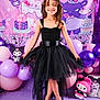 Saisha joined the competition — help win amazing prizes! child, girl, smiling, tiara, black_dress, tutu, tulle_skirt, long_hair, balloons, plush_toy, cartoon_backdrop, purple_background, pink_decor, party_decor, dress_shoes, necklace, pose, portrait, birthday_theme, kawaii_characters