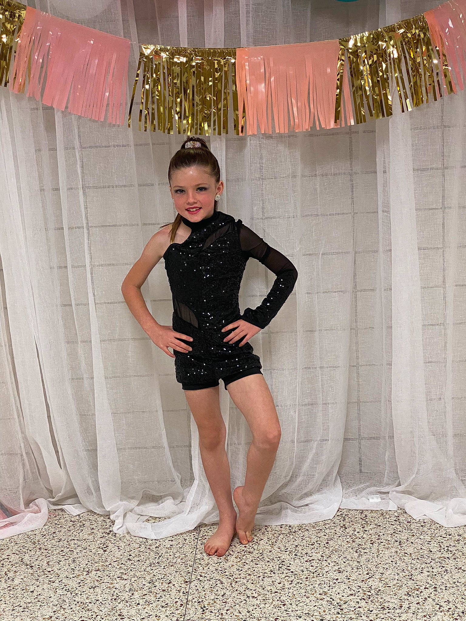 Tenley joined the competition — help win amazing prizes! barefoot, curtain, event, fashion_design, fashion_model, flooring, formal_wear, fun, happy, haute_couture, human_leg, joy, knee, one_piece_garment, pattern, person, recreation, sandal, sleeve, textile