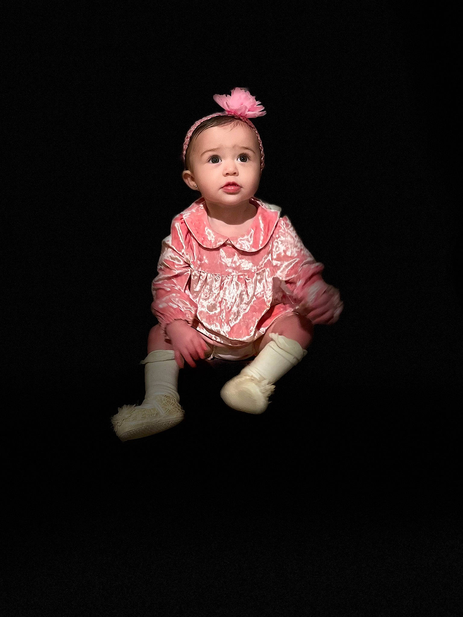 Genevieve is registered to the contest to win money with this photo: arm, baby_toddler_clothing, carmine, cheek, child, darkness, doll, eye, fashion_design, figurine, flash_photography, headgear, human_body, magenta, person, sitting, sleeve, surprise, t_shirt, toddler
