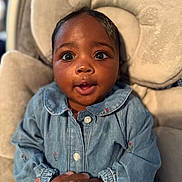 Wynter is registered to the contest to win money with this photo: baby, child, clothing, comfort, connection, cute, denim_shirt, expression, face, hand, holding, indoor, infant, person, plush_chair, portrait, seated, skin, wide_eyes, young_child