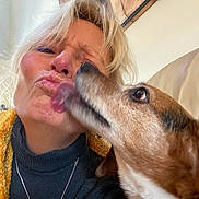 Buddy joined the competition — help win amazing prizes! woman, dog, indoor, affection, pet, licking, happy, casual, portrait, smiling, blonde_hair, turtleneck, yellow_jacket, couch, necklace, closeup, face, friendship, love, fun