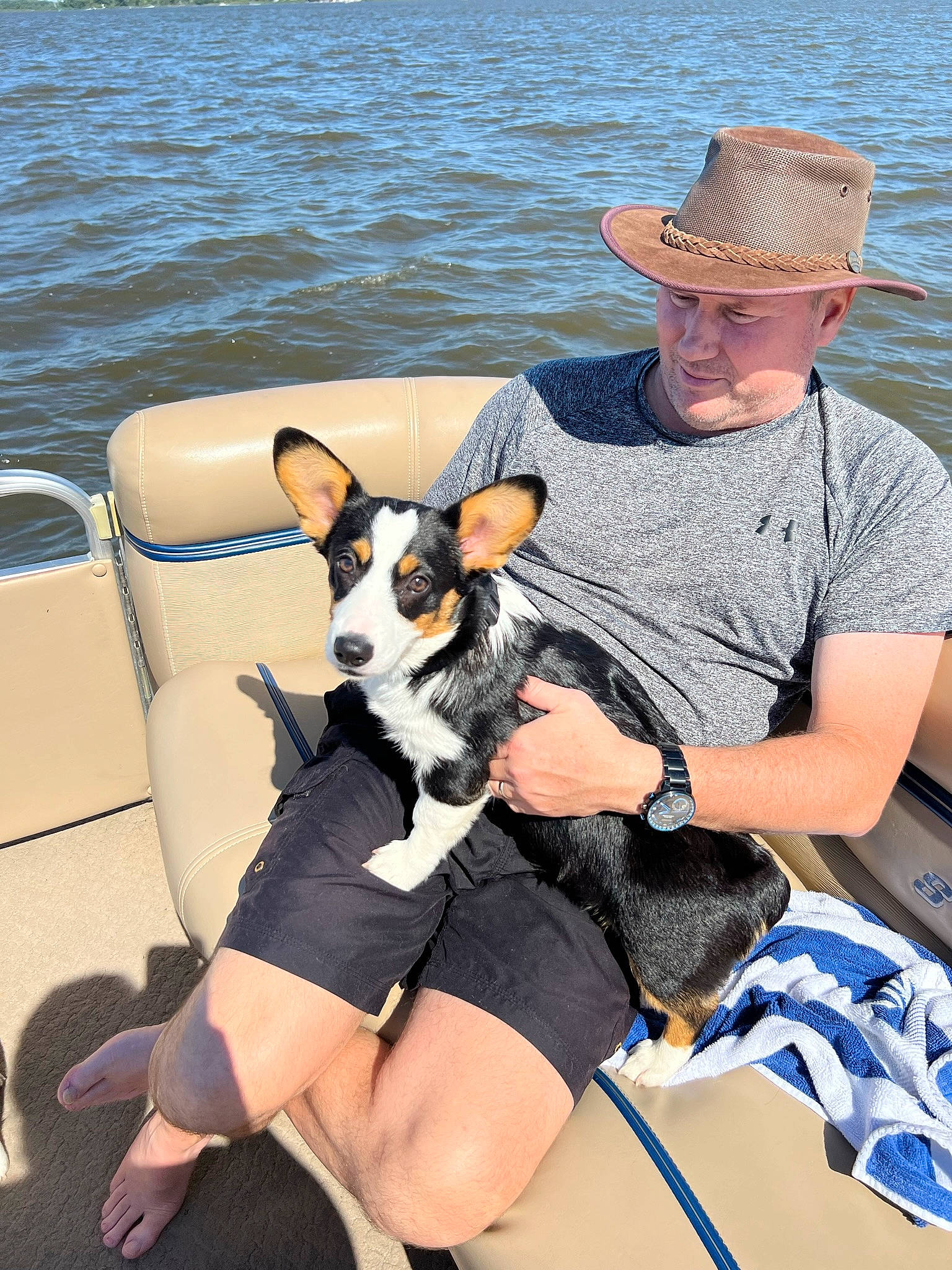Lulabelle is registered to the contest to win money with this photo: carnivore, comfort, companion_dog, dog, dog_breed, fawn, fedora, hat, lake, lap, leg, leisure, mammal, recreation, summer, sun_hat, thigh, travel, vertebrate, water