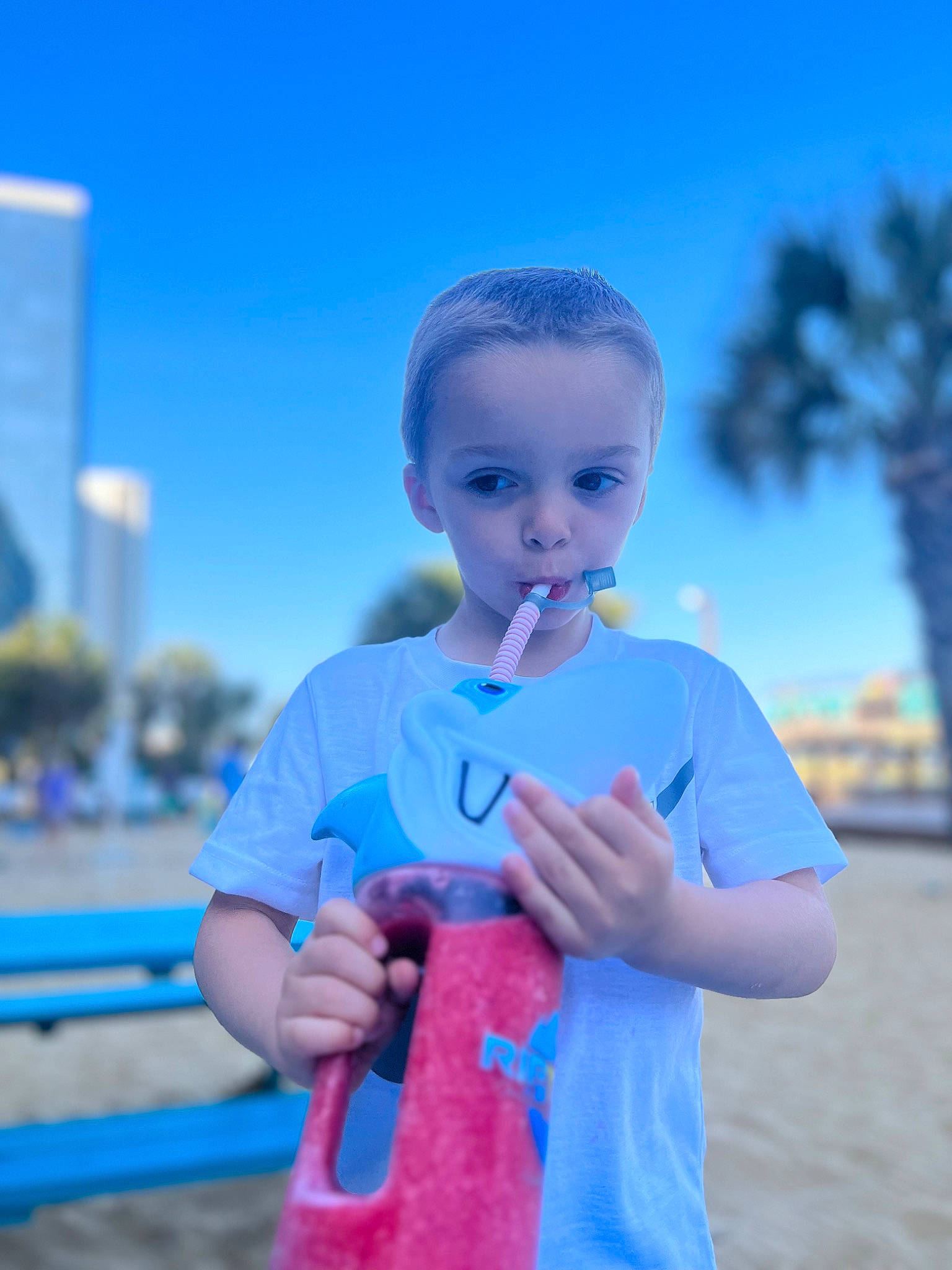 Antonio joined the competition — help win amazing prizes! azure, baby_toddler_clothing, child, electric_blue, fun, gesture, grass, happy, head, leisure, person, play, recreation, shoulder, sky, standing, t_shirt, toddler, travel, tree