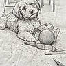 Bali a rejoint le concours — aidez-le/la à gagner de superbes lots ! animal, artwork, ball, black_and_white, chair_legs, detailed, dog, drawing, floor, hand_drawn, line_art, mechanical_pencil, paper, pet, puppy, realistic, ribbon, sketch, texture, wooden_table