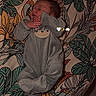 baby, sleeping, onesie, infant, blanket, patterned_blanket, animal_face, floral_pattern, leaves, cozy, cute, child, peaceful, resting, indoors, soft_lighting, portrait, person, newborn, lying_down