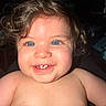 baby, child, smiling, curly_hair, blue_eyes, teeth, bare_chest, hand, portrait, closeup, cute, happy, infant, skin, person, human, expression, face, young, adorable