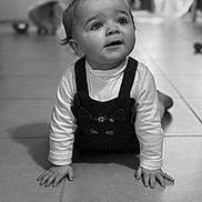 Hilona participe au concours pour gagner de l'argent avec cette photo : baby, child, infant, crawling, pigtails, black_and_white, floor, tile, curious, indoors, cat, pet, blurred_background, long_sleeve_shirt, overalls, cute, portrait, hands, expression, home
