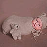 baby, infant, knitted, bear_ears, hat, teddy_bear, soft_texture, cozy, cute, portrait, newborn, wrapped, warm, sleeping, child, studio, photography, brown, cute_outfit, lying_down