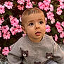 toddler, child, baby, sweater, bear_patches, flowers, pink_flowers, outdoor, nature, green_leaves, curious, sitting, cute, innocent, portrait, young_child, garden, soft_lighting, casual_clothing, expression