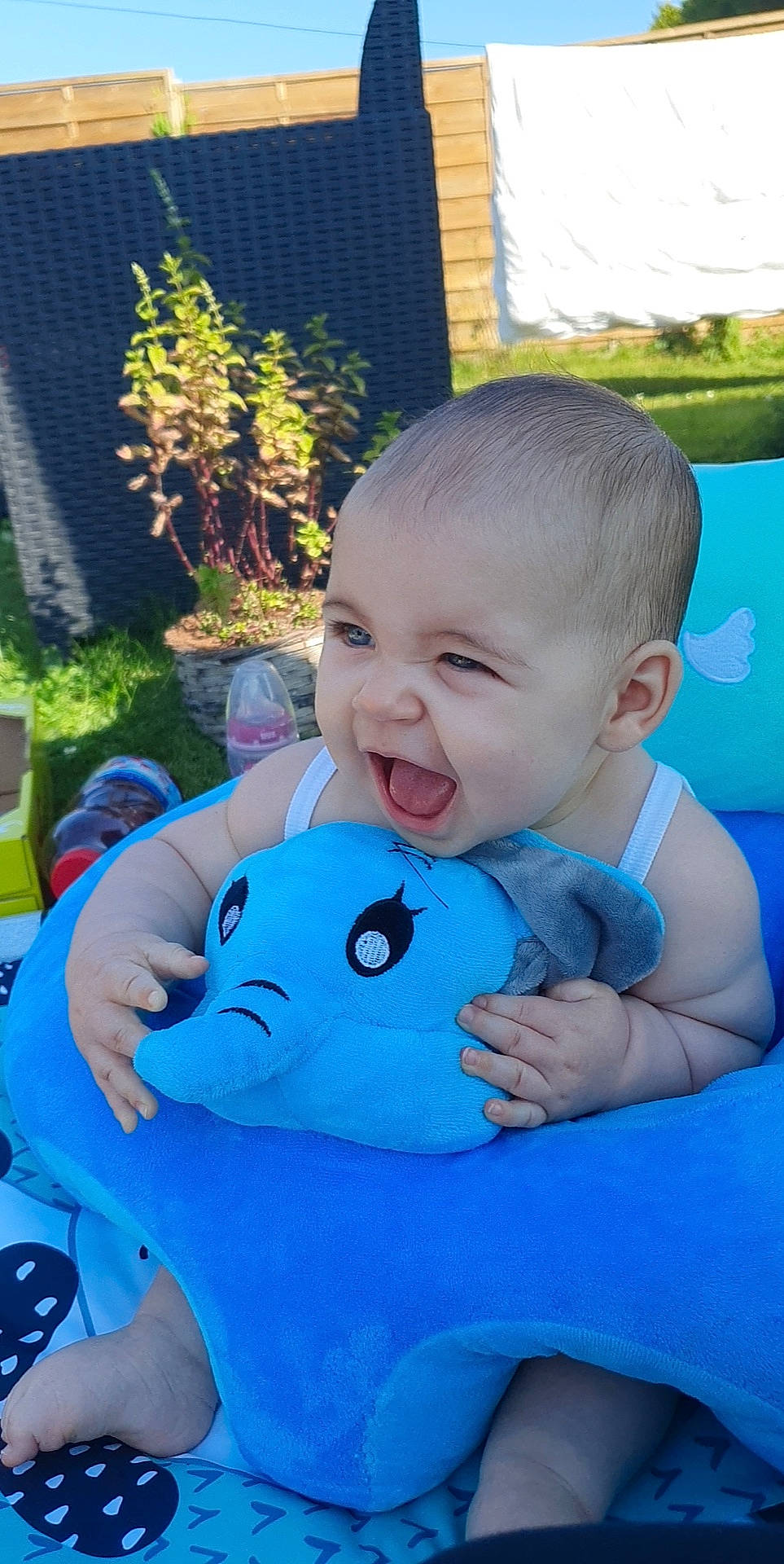 Soline participe au concours pour gagner de l'argent avec cette photo : baby, baby_toddler_clothing, blue, cool, electric_blue, face, facial_expression, finger, fun, grass, happy, leisure, person, pink, plant, recreation, skin, smile, t_shirt, toddler
