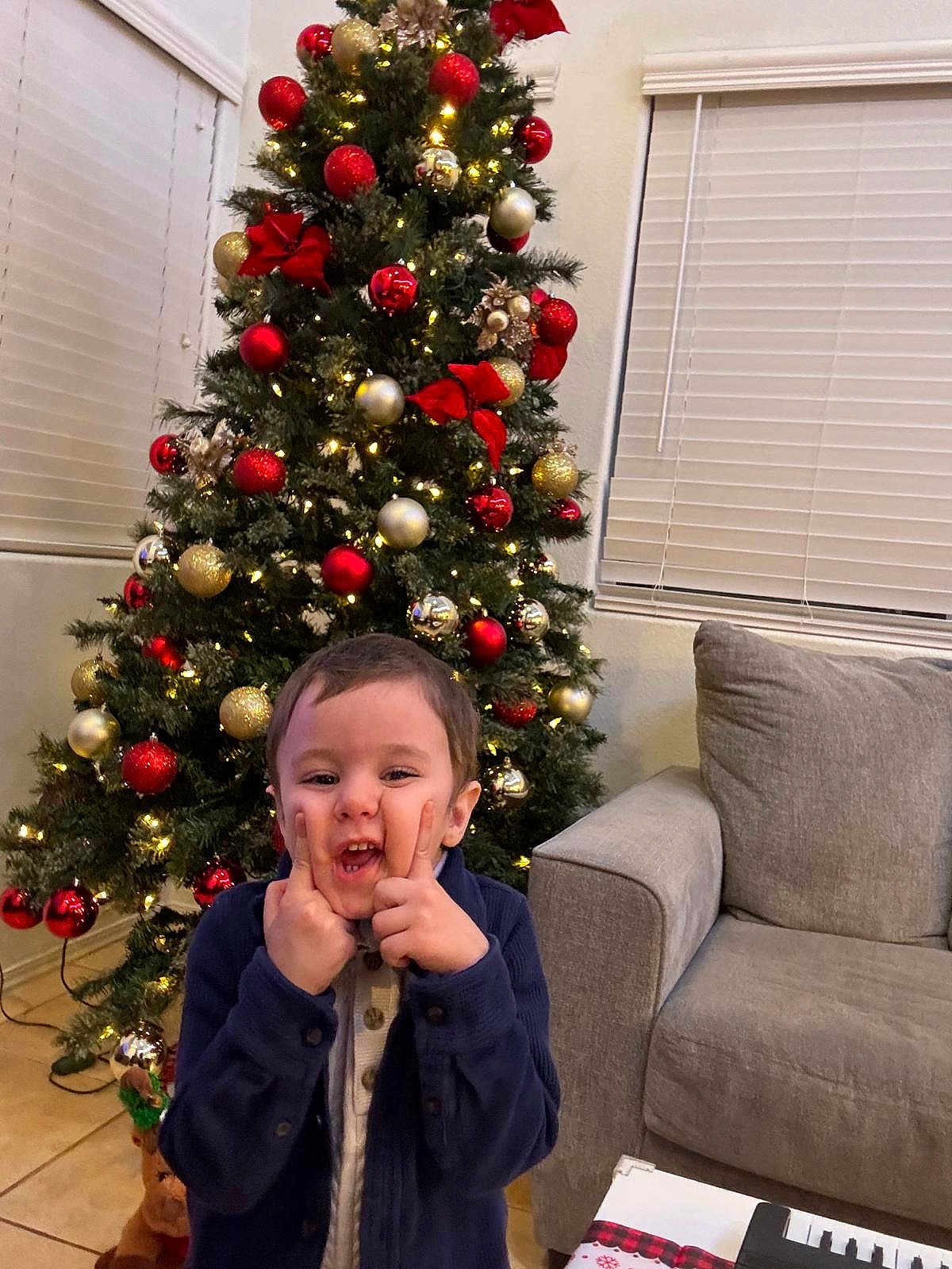 Hovhannes Garbis is registered to the contest to win money with this photo: child, christmas_tree, holiday, decorations, red_ornaments, gold_ornaments, lights, living_room, couch, window_blinds, floor_tiles, wrapped_gift, silly_face, blue_jacket, playful, person, indoor, smile, festive, home