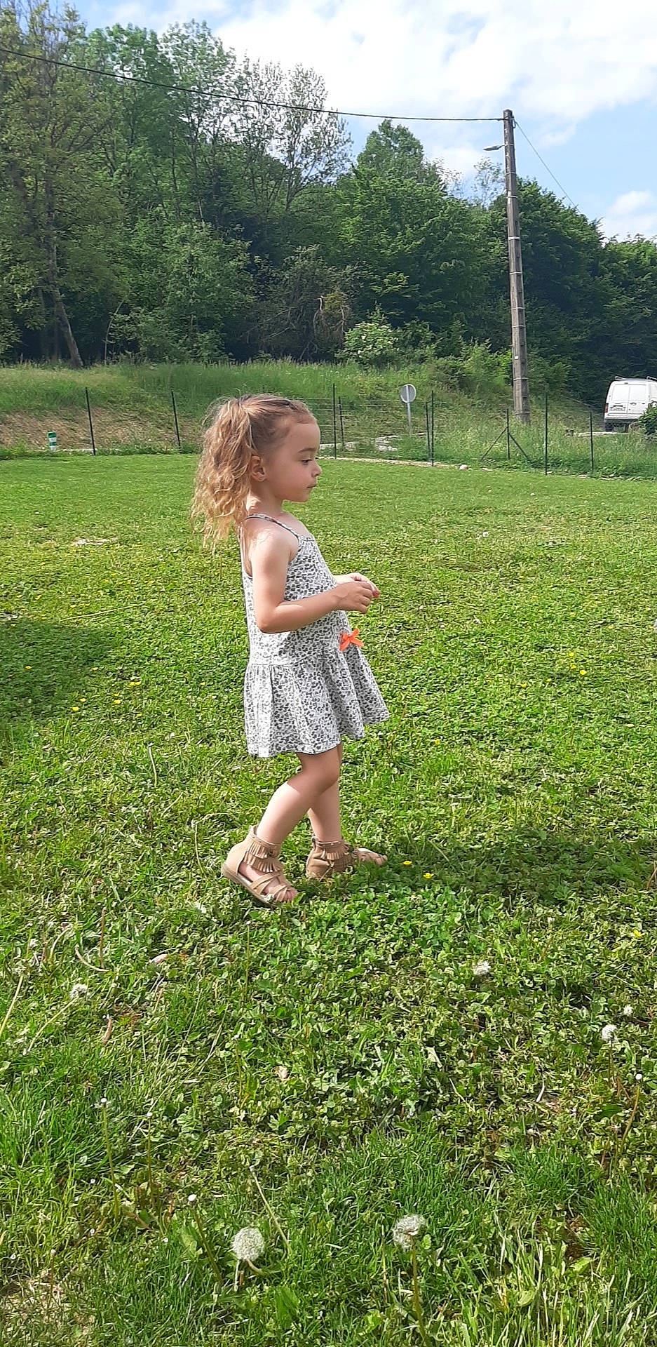Vénicia participe au concours pour gagner de l'argent avec cette photo : barefoot, child, dress, grass, grass_family, grassland, lawn, meadow, people_in_nature, person, plant, summer, tree
