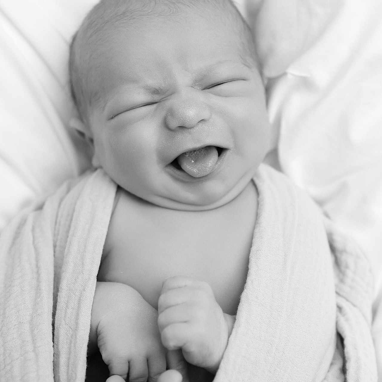 Benjamin joined the competition — help win amazing prizes! baby, newborn, infant, face, tongue_out, wrapped, blanket, hands, feet, cute, expression, black_and_white, portrait, sleepwear, skin, child, closeup, happy, smile, soft