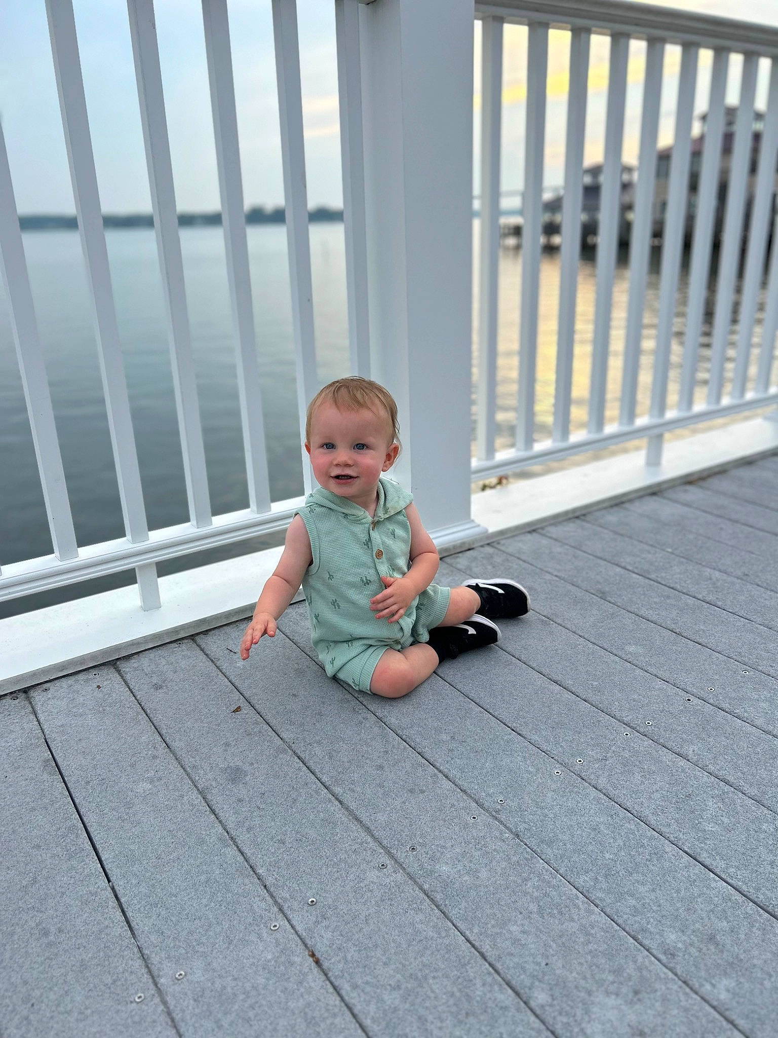 Brantley joined the competition — help win amazing prizes! baby, baby_toddler_clothing, baluster, child, composite_material, deck, fence, flooring, handrail, hardwood, joy, leisure, person, porch, product, sky, toddler, vacation, walkway, water