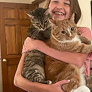 Nancy Rhoades joined the competition — help win amazing prizes! animal, carpet, cat, cute, domestic, feline, happy, holding, home, hugging, indoor, orange_cat, person, pet, pink_shirt, short_sleeves, smiling, tabby_cat, wooden_door, young_person