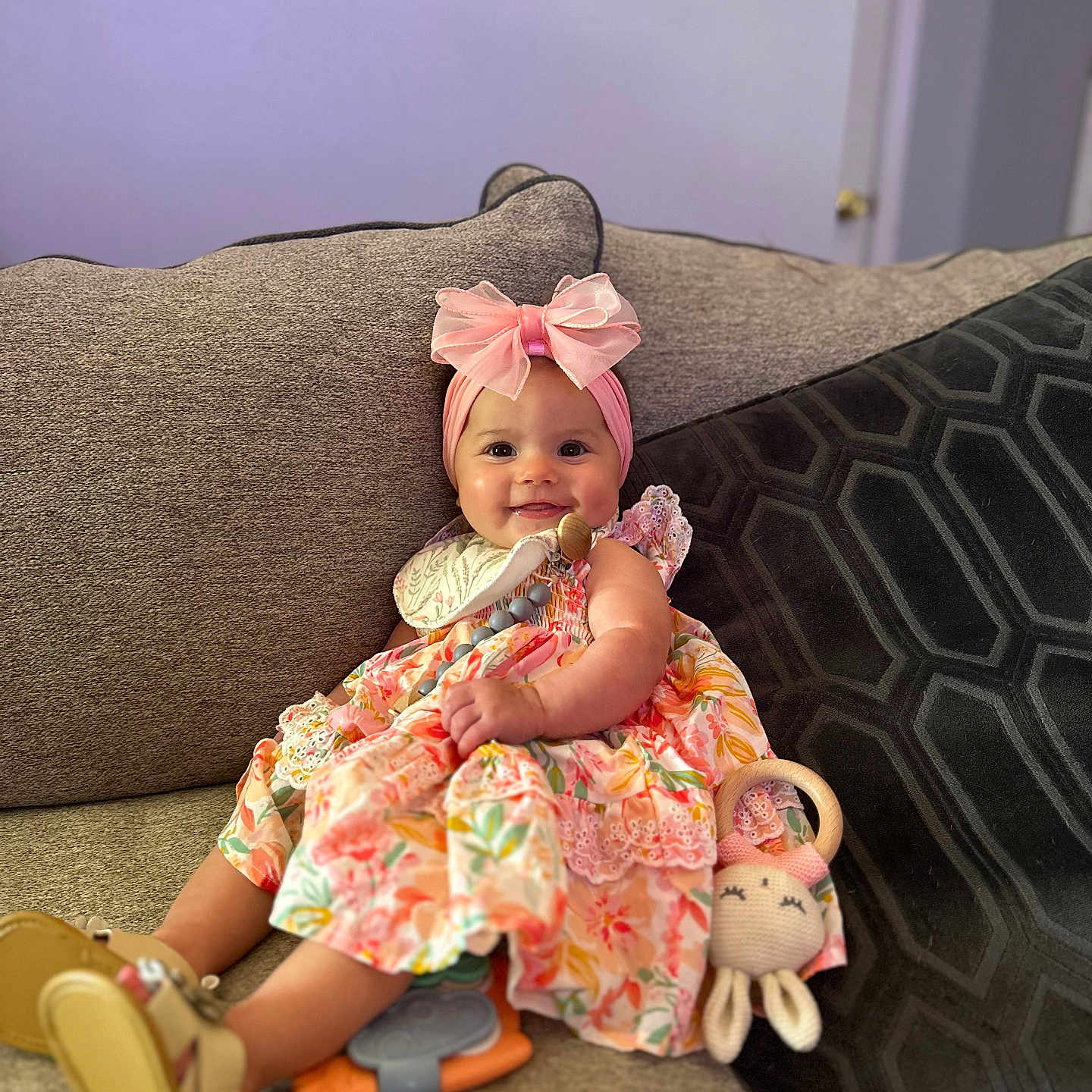 Hailey joined the competition — help win amazing prizes! architecture, baby, building, clothing, couch, cushion, dress, face, footwear, furniture, hat, head, homedecor, indoors, livingroom, person, photography, portrait, room, sitting