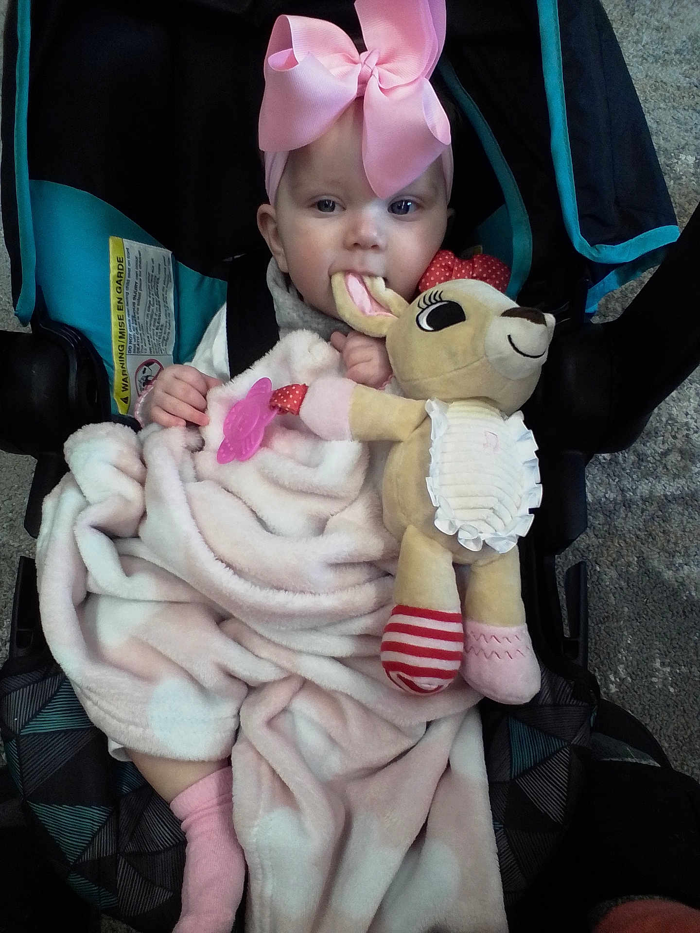 Journey is registered to the contest to win money with this photo: baby, child, car_seat, blanket, pink_bow, plush_toy, soft_toy, chewing, cute, indoor, car_seat_strap, pink_socks, toy, infant, headwear, face, person, comfort, seated, carpet