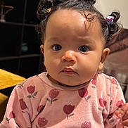 Madison participe au concours pour gagner de l'argent avec cette photo : toddler, child, portrait, indoor, pink_clothing, flower_pattern, curly_hair, pigtails, cute, expression, face, person, young_child, sitting, cozy, clothing, baby, closeup, eyes, skin