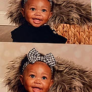 Skylah is registered to the contest to win money with this photo: baby, child, infant, portrait, smiling, happy, tongue_out, bow, headband, black_clothing, sitting, close_up, face, indoors, cozy, feathered_background, woven_basket, phone_screenshot, duplicate_images, photography