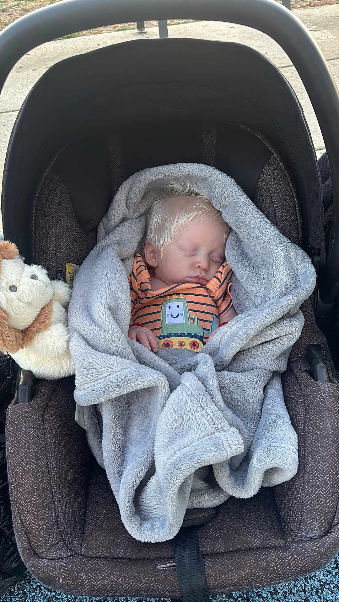Roger joined the competition — help win amazing prizes! baby, sleeping, blanket, car_seat, stuffed_animal, outdoor, child, soft_texture, toddler, cozy, infant, cute, plush, clothing, face, peaceful, portrait, resting, toy, comfort