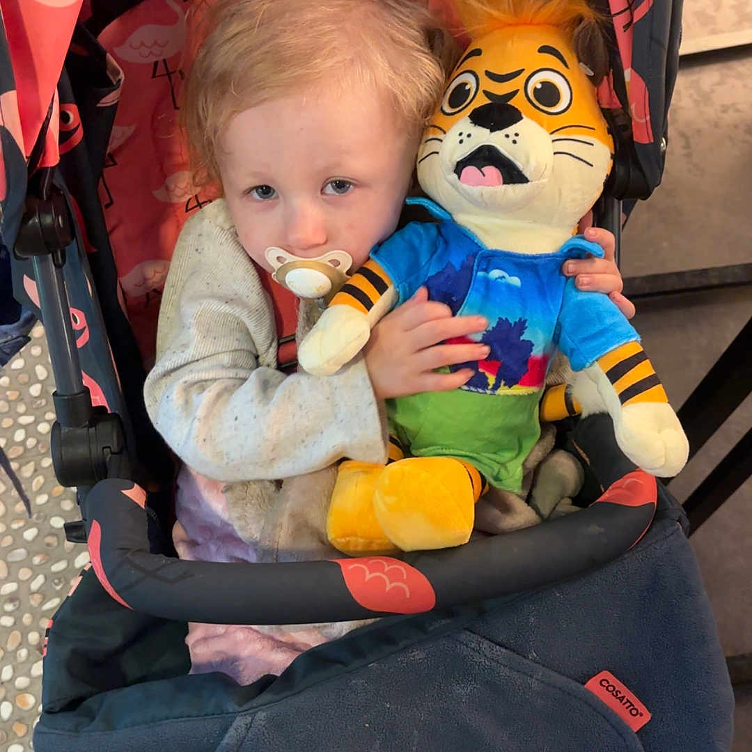 Kyra Griffin is registered to the contest to win money with this photo: baby, blond_hair, child, clothing, comfort, cute, expression, fabric, face, flamingo_pattern, hand, indoor, pacifier, person, plush_toy, seat, sitting, stroller, tiger_toy, toy