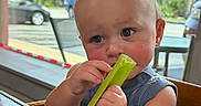 Beau is registered to the contest to win money with this photo: baby, child, celery, high_chair, indoor, window, table, food, eating, curious, blue_sleeveless_shirt, palm_trees, daylight, reflection, hand, face, person, young_child, restaurant, casual