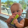 baby, child, celery, high_chair, indoor, window, table, food, eating, curious, blue_sleeveless_shirt, palm_trees, daylight, reflection, hand, face, person, young_child, restaurant, casual