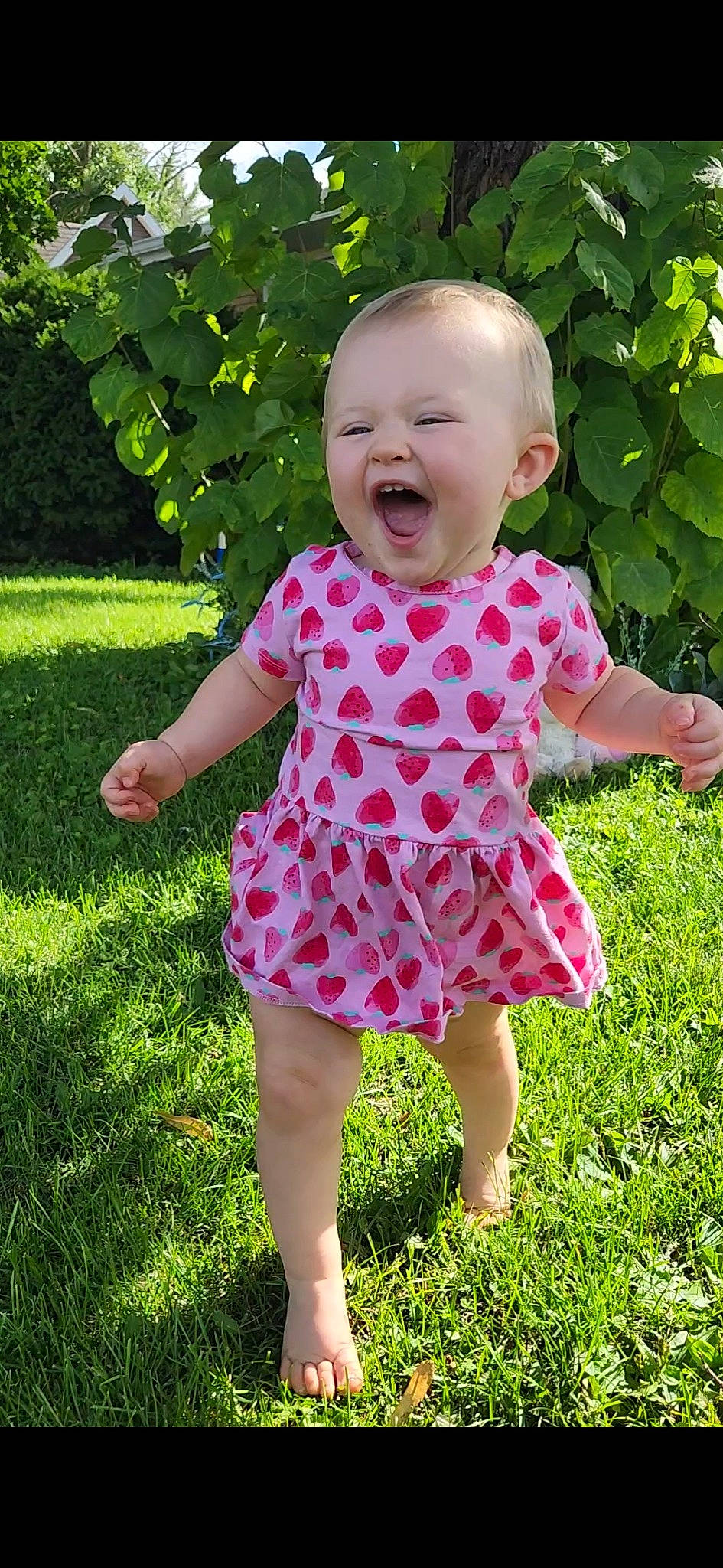 Althea is registered to the contest to win money with this photo: baby, baby_toddler_clothing, botany, dress, face, grass, green, happy, leaf, magenta, pattern, people_in_nature, person, photograph, pink, plant, skin, sleeve, smile, t_shirt